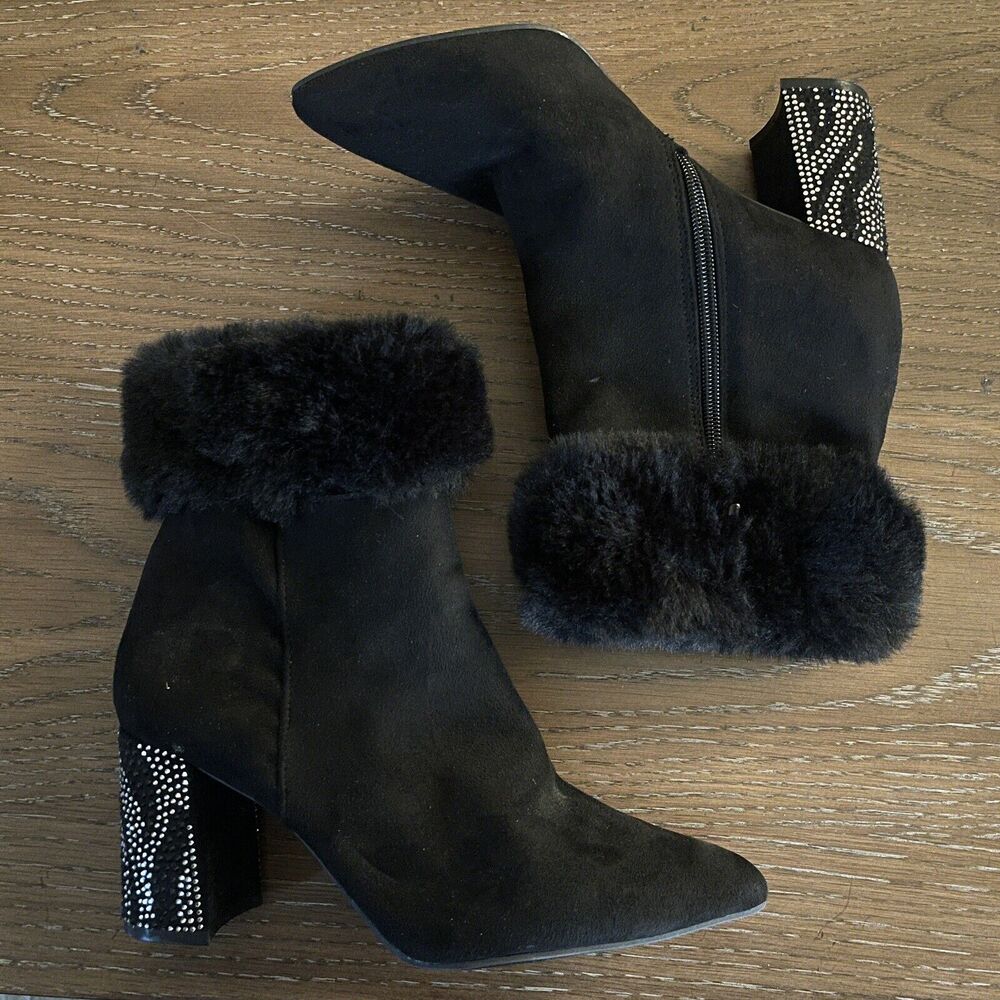 Impo Womens Booties Villa Size 8.5 Rhinestone Heel Fur Trim Memory Foam Side Zip